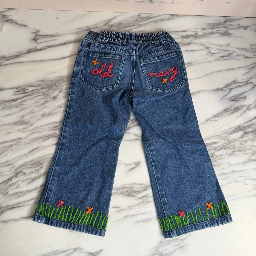 Vintage Old Navy Girls Sz 4 4T Jeans Embroidered Cat Floral Cottagecore Bootcut